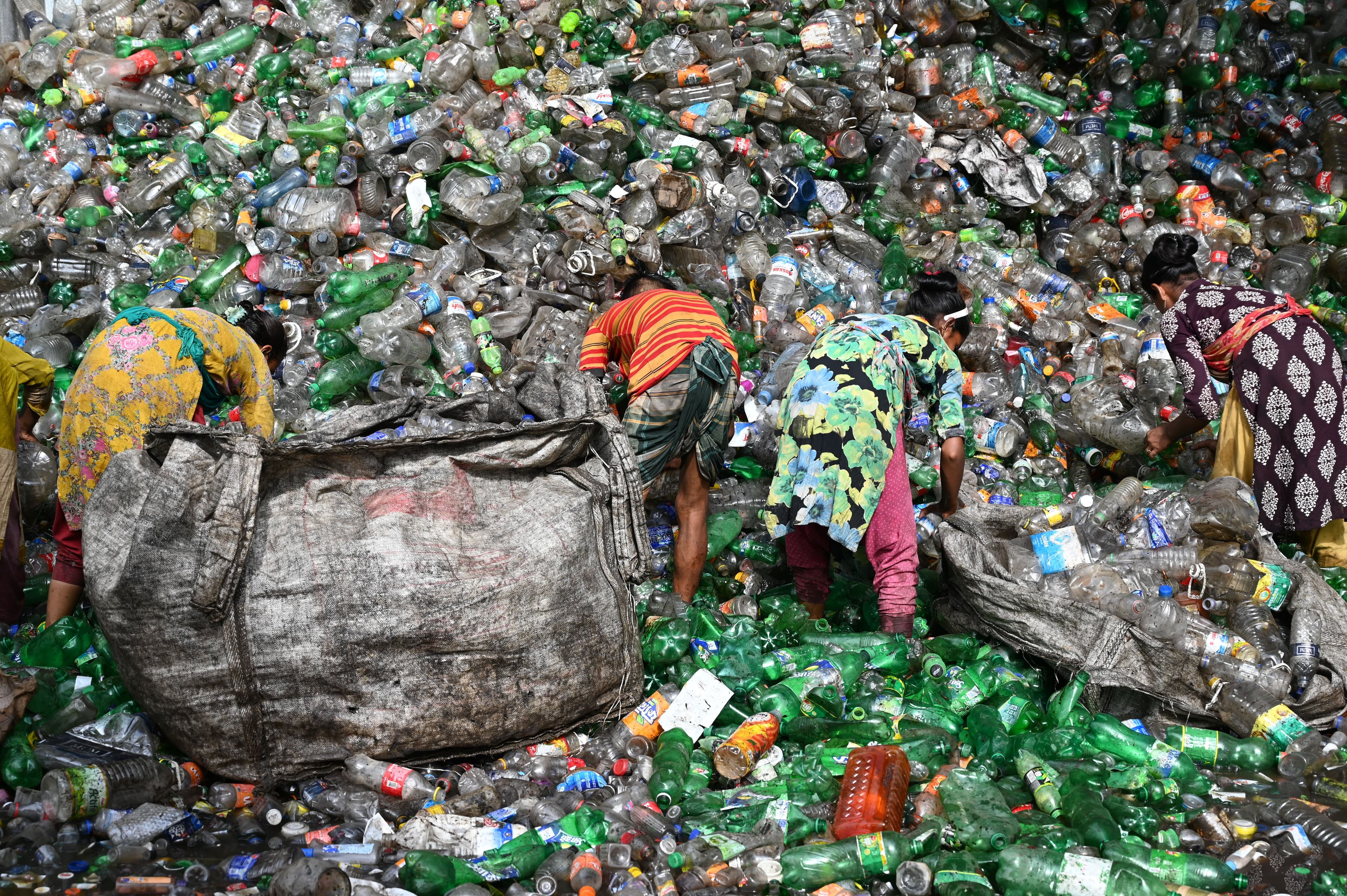 Recycling bins and sorted waste materials
